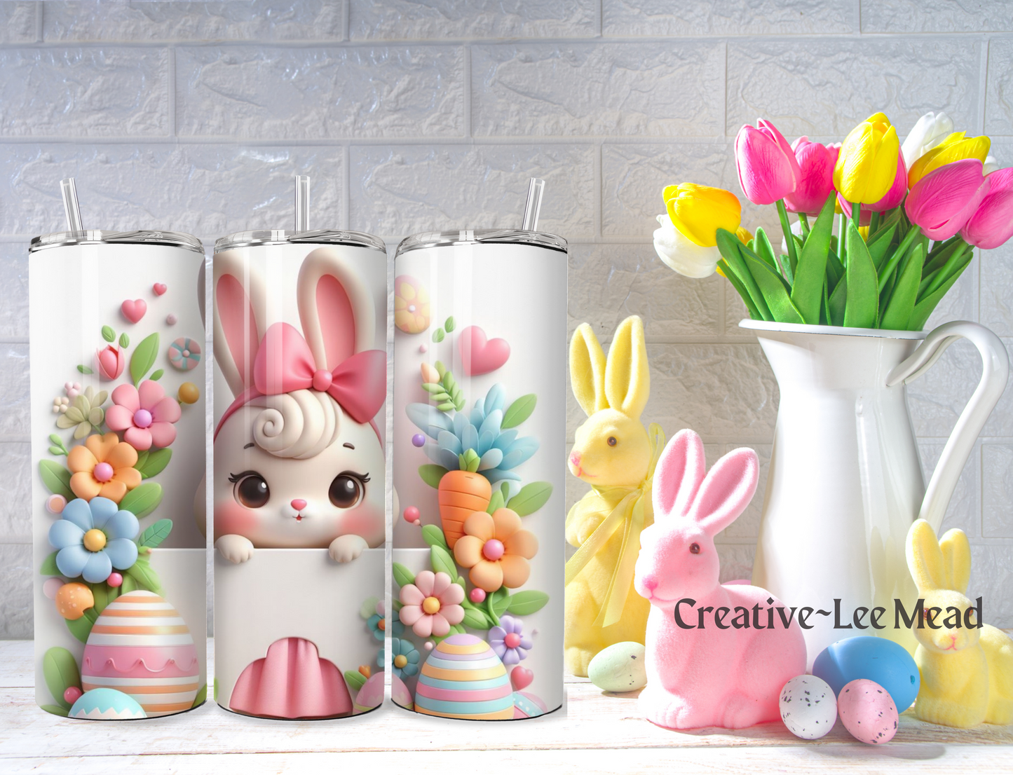 3D Bunny with Pink Bow & Flowers 20oz Easter Tumbler