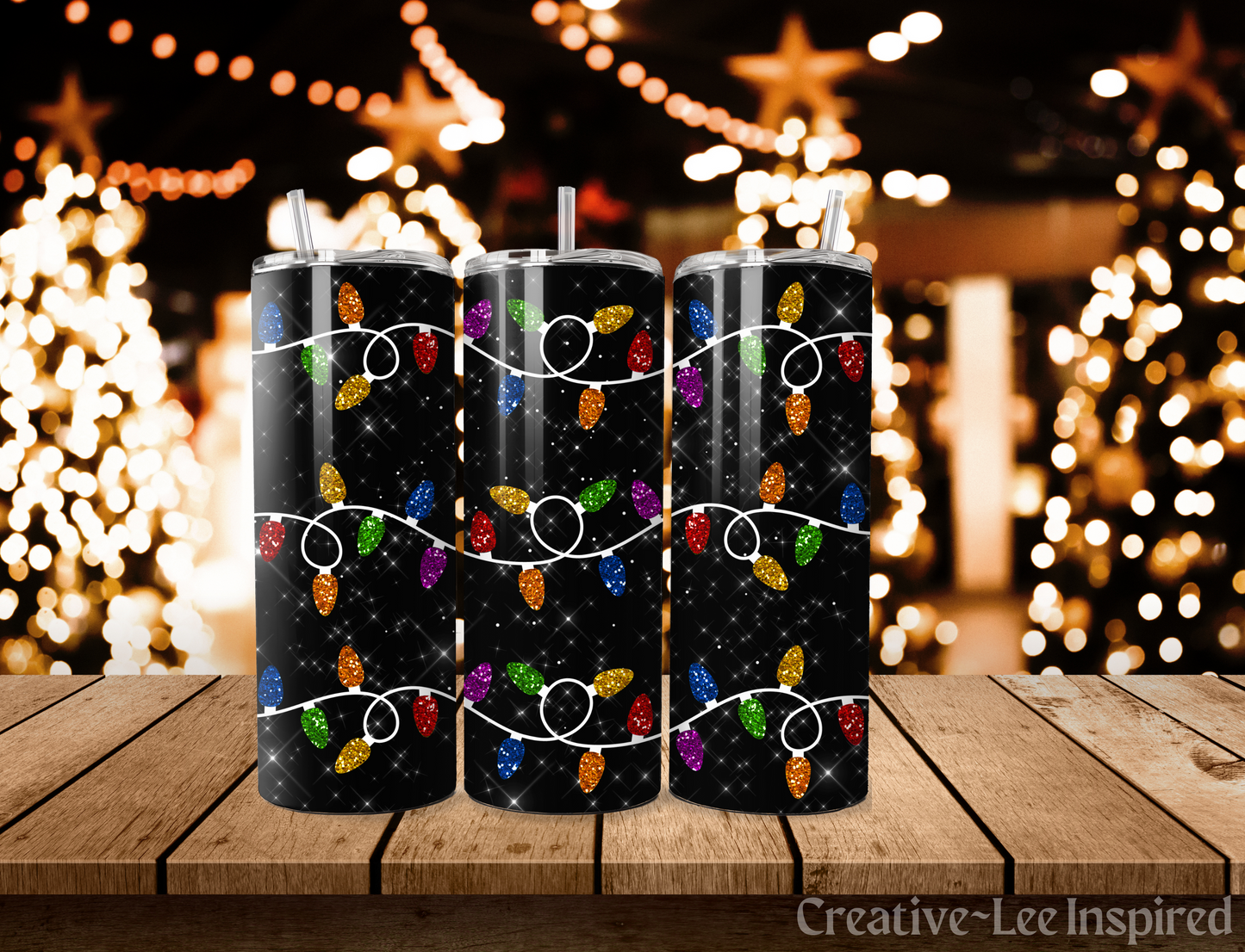 Glittered Christmas Lights Christmas Tumbler with Lid and Metal Straw, Christmas Travel Cup