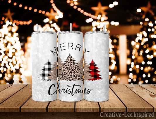 Falling Glittered Snow and Patterned Trees Christmas Tumbler with Lid and Metal Straw, Christmas Travel Cup