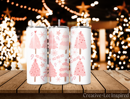 Pink Patterned Trees Ho Ho Ho Christmas Tumbler with Lid and Metal Straw, Christmas Travel Cup