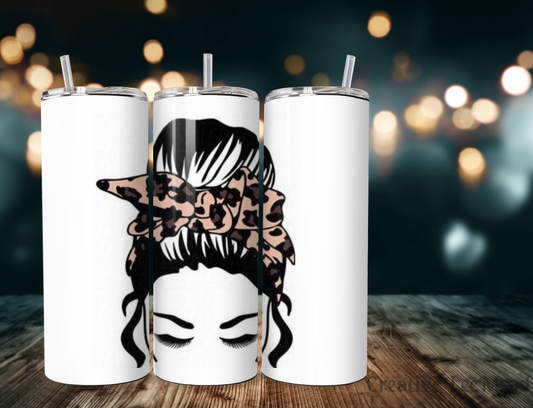 Messy Bun with Cheetah Headband 20oz Tumbler