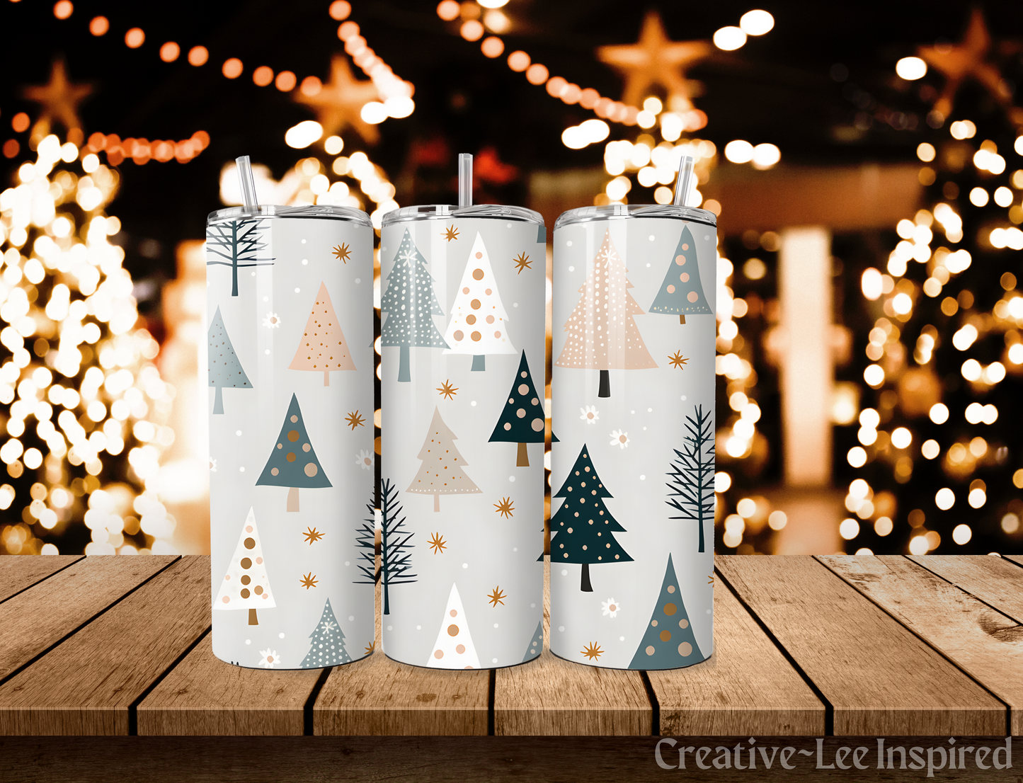 Patterned Trees Christmas Tumbler with Lid and Metal Straw, Christmas Travel Cup