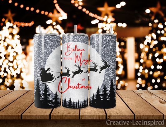 Believe in the Magic of Christmas Santa and Reindeer Christmas Tumbler with Lid and Metal Straw, Christmas Travel Cup