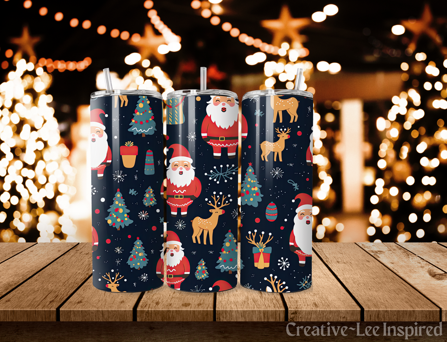 Santa Claus and Reindeer Christmas Tumbler with Lid and Metal Straw, Christmas Travel Cup