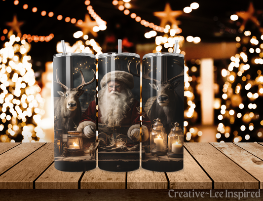 Enchanted Santa Claus and Reindeer Christmas Tumbler with Lid and Metal Straw, Christmas Travel Cup