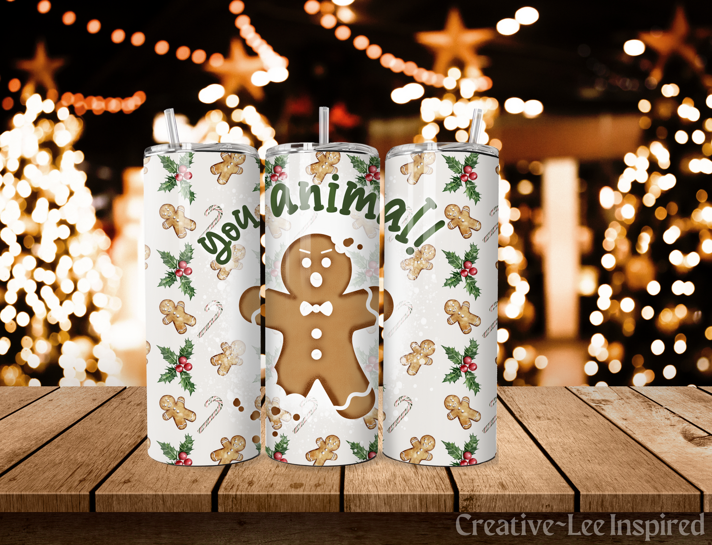 You Animal Gingerbread Man Christmas Tumbler with Lid and Metal Straw, Christmas Travel Cup