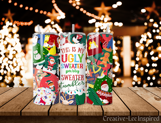 Ugly Sweater Christmas Tumbler with Lid and Metal Straw, Christmas Travel Cup