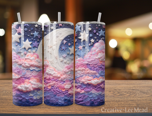 Whimsical 3D Embroidered Moon, Stars, & Sky 20oz Tumbler