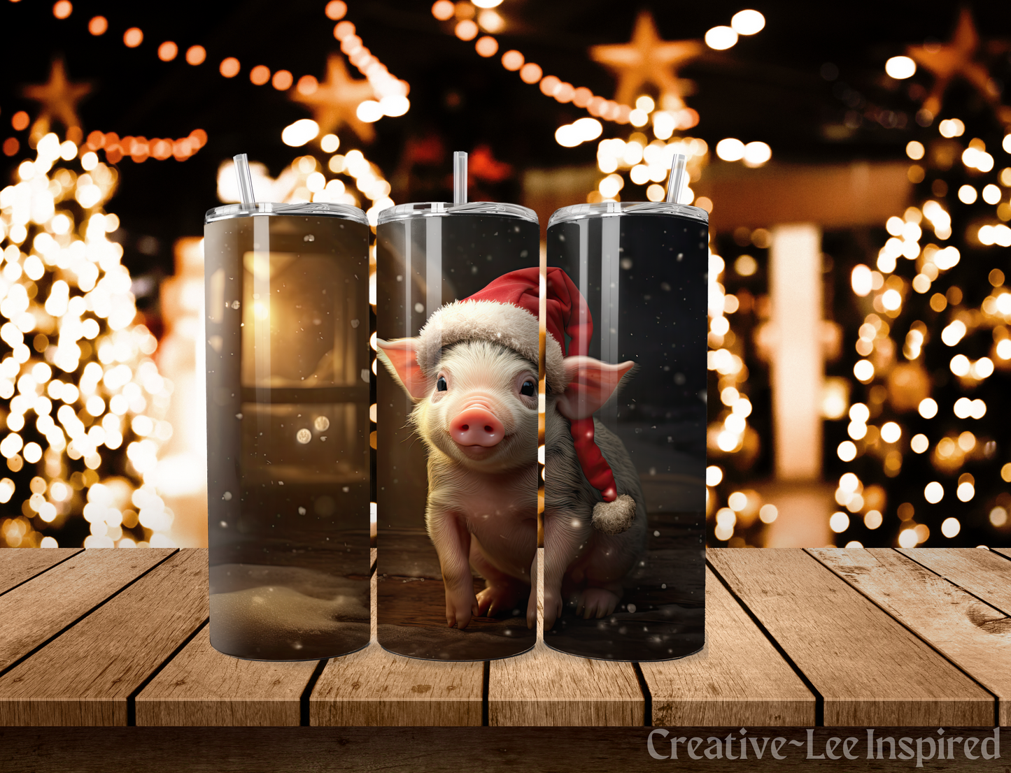 Baby Pig Christmas Tumbler with Lid and Metal Straw, Christmas Travel Cup