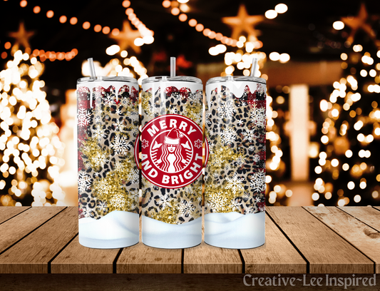 Merry and Bright Coffee Christmas Tumbler with Lid and Metal Straw, Christmas Travel Cup