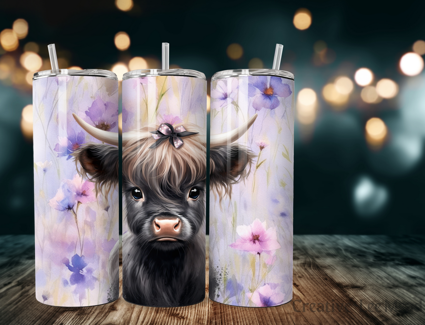 Baby Highland Cow with Hair Bow & Watercolor Flowers 20oz Tumbler