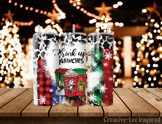 Drink up Grinches Christmas Tumbler with Lid and Metal Straw, Christmas Travel Cup