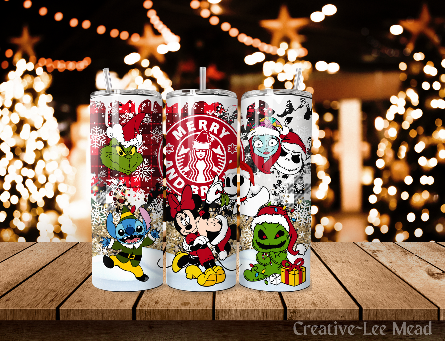 Merry and Bright Movie Characters Christmas Tumbler with Lid and Metal Straw, Christmas Travel Cup