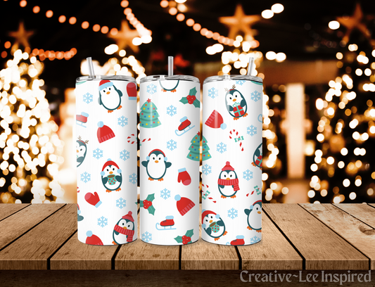 Holiday Penguins Christmas Tumbler with Lid and Metal Straw, Christmas Travel Cup