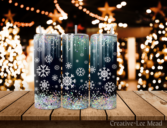 Glitter Snowflakes Christmas Tumbler with Lid and Metal Straw, Christmas Travel Cup