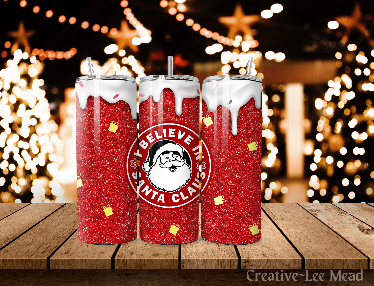 I Believe in Santa Glitter Christmas Tumbler with Lid and Metal Straw, Christmas Travel Cup