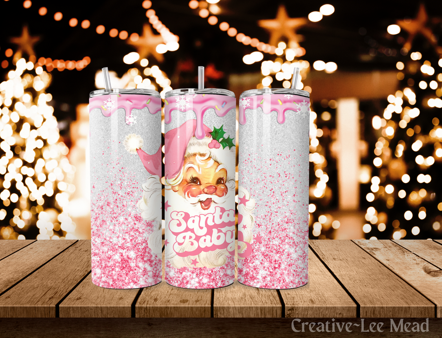 Pink Santa Christmas Tumbler with Lid and Metal Straw, Christmas Travel Cup