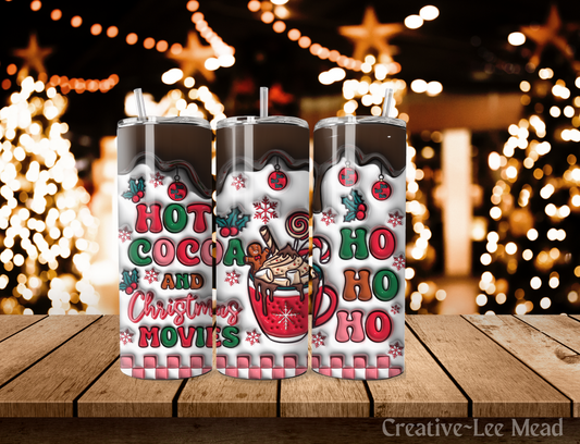 3D Hot Cocoa and Christmas Movies Christmas Tumbler with Lid and Metal Straw, Christmas Travel Cup