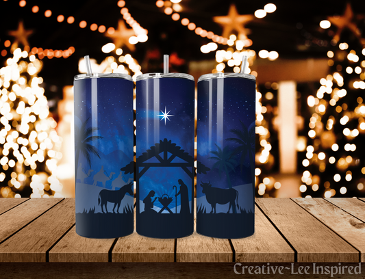 Silhouette Nativity Christmas Tumbler with Lid and Metal Straw, Christmas Travel Cup