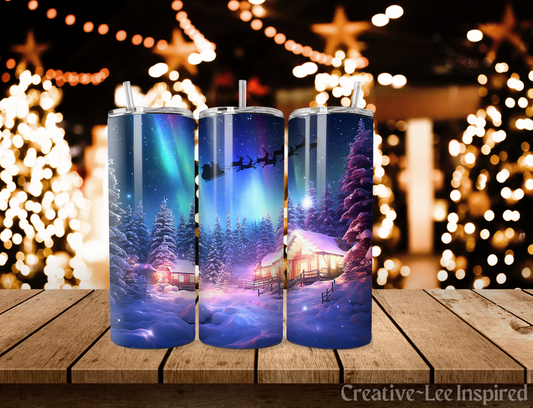 Northern Lights Santa and Reindeers Christmas Tumbler with Lid and Metal Straw, Christmas Travel Cup