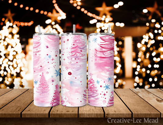 Pink Christmas Trees Tumbler with Lid and Metal Straw, Christmas Travel Cup