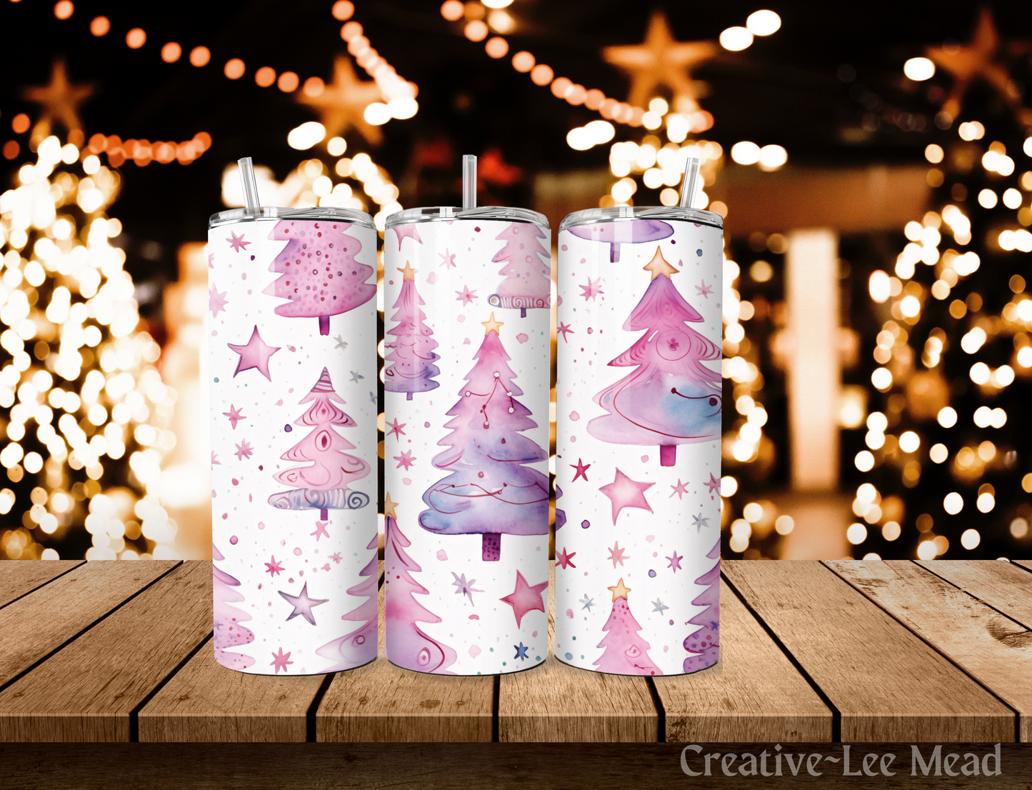 Pink Christmas Trees Tumbler with Lid and Metal Straw, Christmas Travel Cup