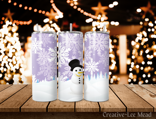 Snowman Purple and White Christmas Tumbler with Lid and Metal Straw, Christmas Travel Cup