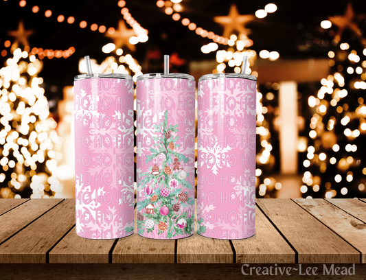 Pink Ho Ho Ho Christmas Tree Tumbler with Lid and Metal Straw, Christmas Travel Cup