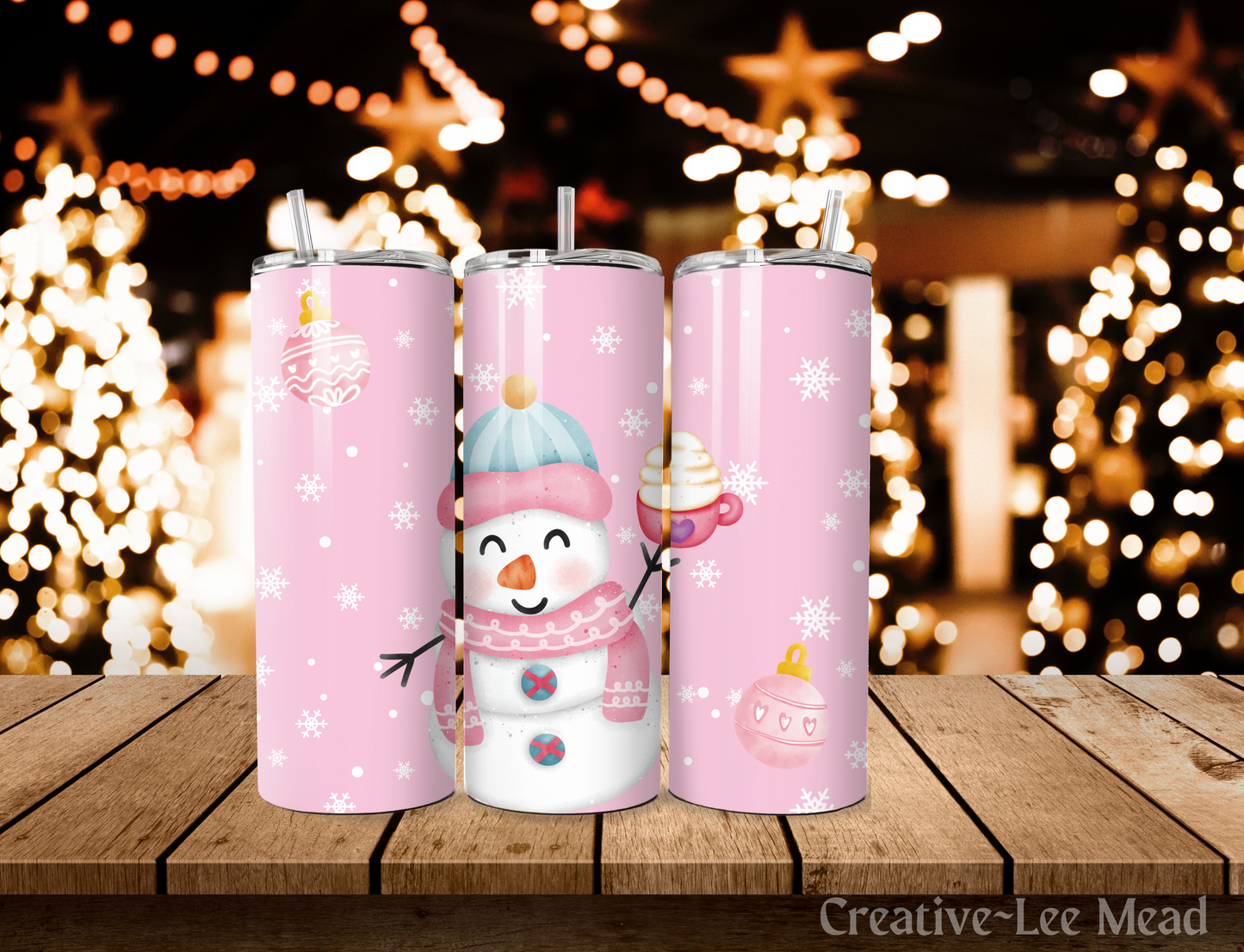 Pink and White Snowman Christmas Tumbler with Lid and Metal Straw, Christmas Travel Cup