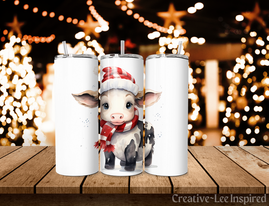 Baby Cow Christmas Tumbler with Lid and Metal Straw, Christmas Travel Cup