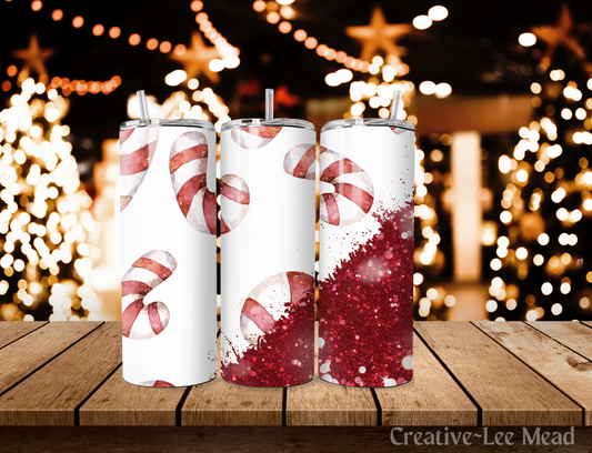 Candy Canes and Glitter Christmas Tumbler with Lid and Metal Straw, Christmas Travel Cup