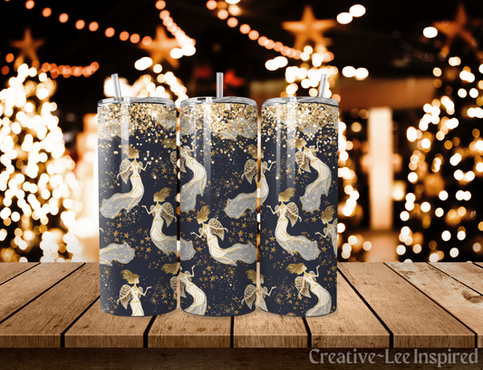 Shimmering Angels Christmas Tumbler with Lid and Metal Straw, Christmas Travel Cup